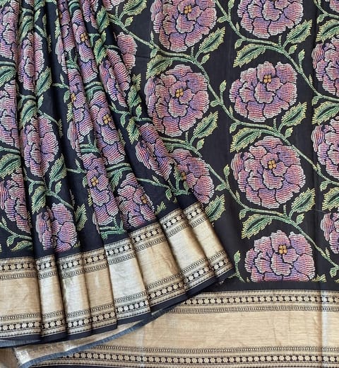 Black Pure Handloom Chiniya Silk Saree with Floral Print and Zari Borders