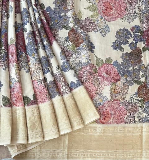 Ivory Chiniya Silk Saree with 3d Floral Print