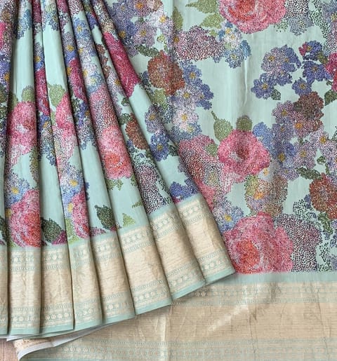 Mint Pure Handloom Chiniya Silk Saree with Floral Print and Zari Borders