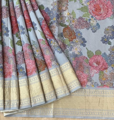 Dusty Blue Pure Handloom Chiniya Silk Saree with Floral Print and Zari Borders