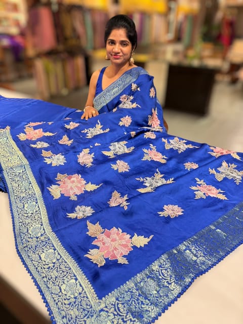 Royal Blue Mashru Banaras Saree with Embroidery