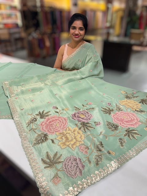 Mint Tissue Georgette Saree with Petite Point Embroidery