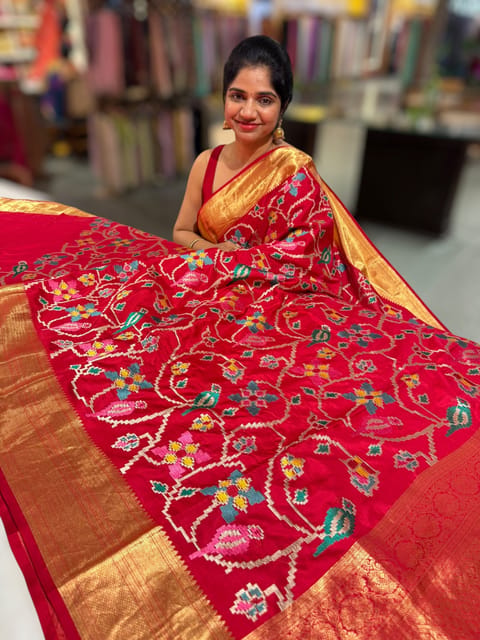 Red Kanjeevaram Soft Silk Saree with Patola-Inspired Embroidery