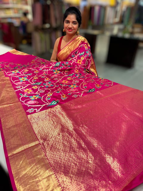 Pink Kanjeevaram Soft Silk Saree with Embroidered Patola Design