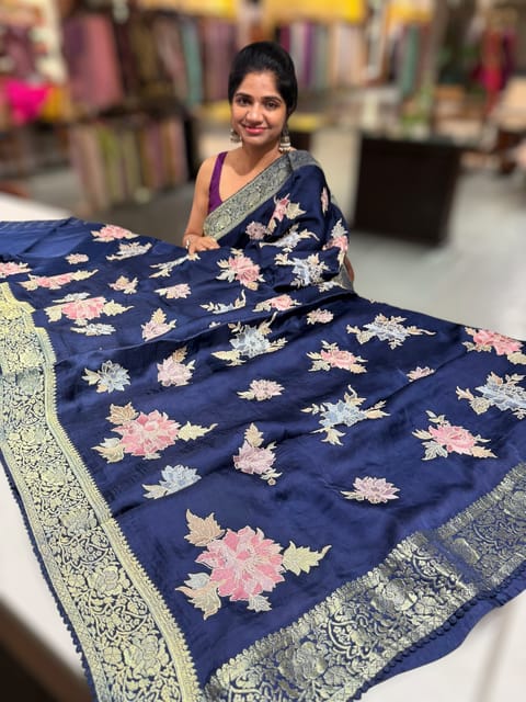 Midnight Blue Mashru Banaras Saree with Embroidery