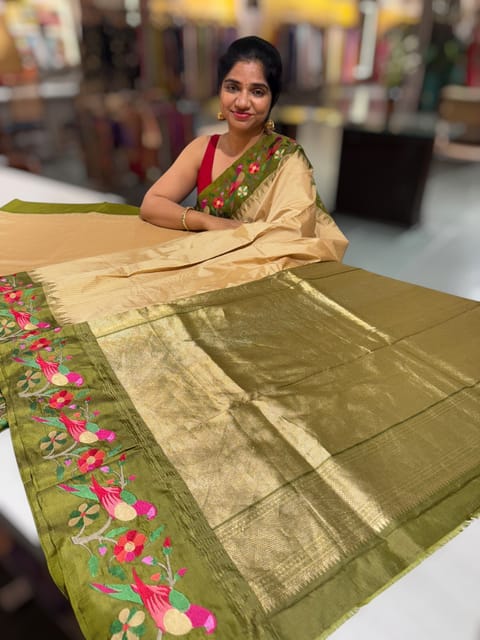 Beige Kanchi Vintage Checks Soft Silk Saree with Paithani Inspired Parrot Embroidered Border