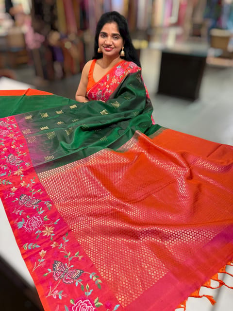 Bottle Green Kanchi Soft Silk Saree with Petite Point Embroidered Border