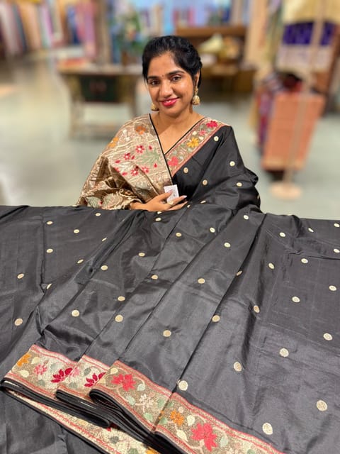 Black Kanchi Soft Silk Saree with Paithani and Jamdani Inspired Embroidery
