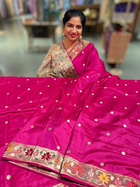 Rani Pink Kanchi Soft Silk Saree with Paithani and Jamdani Inspired Embroidery
