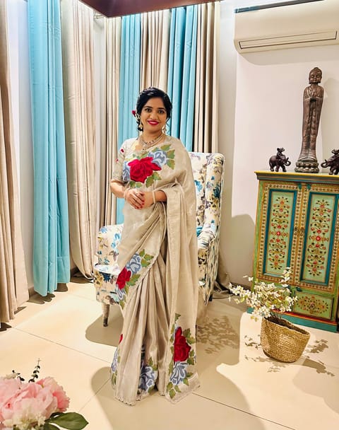 Silver Kanchi Brocade Tissue Saree with Statement Floral Embroidered Roses