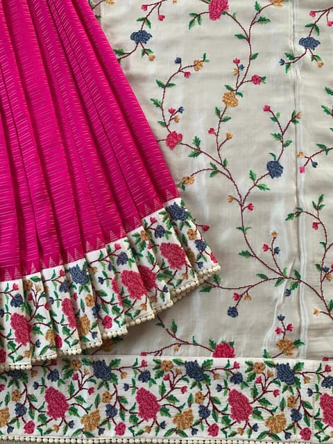 Pink Kanchi Soft Silk Saree with Petite Point Embroidered Border Pallu & Blouse