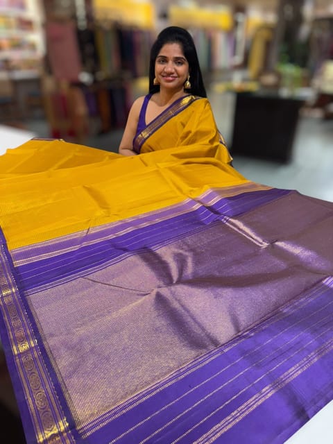 Mustard Checks Kanjeevaram Saree
