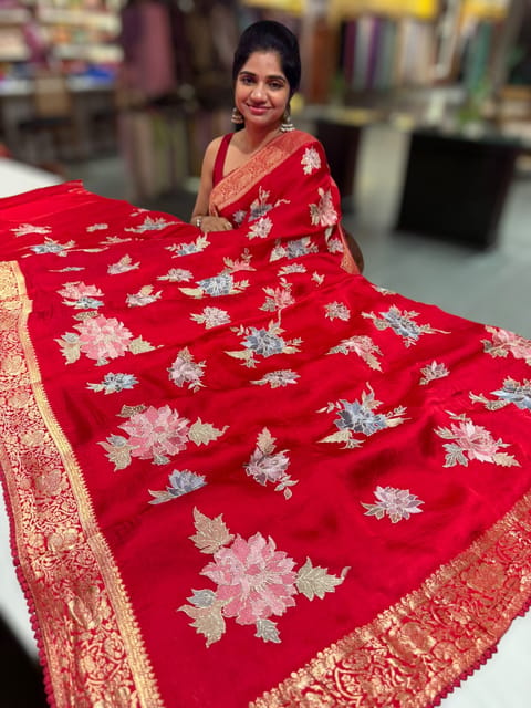 Chilli Red Mashru Banaras Saree with Embroidery
