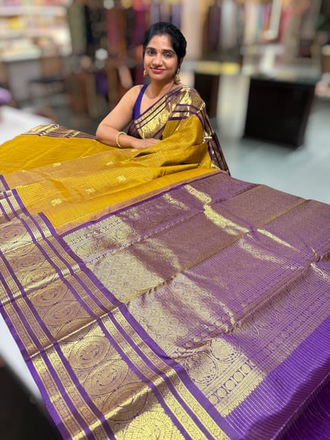 Mustard Olive and Brinjal Kanjeevaram Vintage Checks Saree