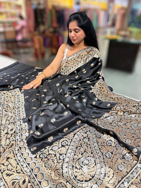 Black Pure Mashru Satin Saree with Embroidery