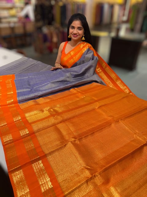 Blue & Orange Combo Vintage Checks Gap Border Kanjeevaram Saree