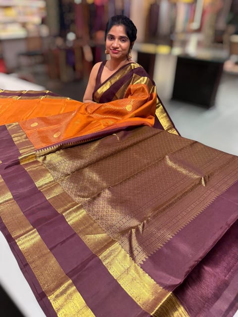 Rust Orange and Coffee Brown Kanjeevaram Vintage Checks Saree