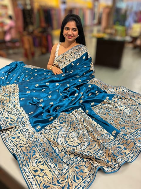 Peacock Blue Mashru Satin Saree with Embroidered Border