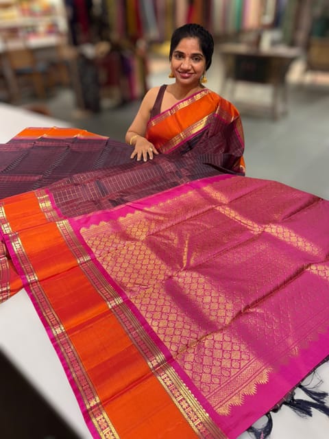 Wine Brown Kanchi Vintage Checks Saree with Gap Border
