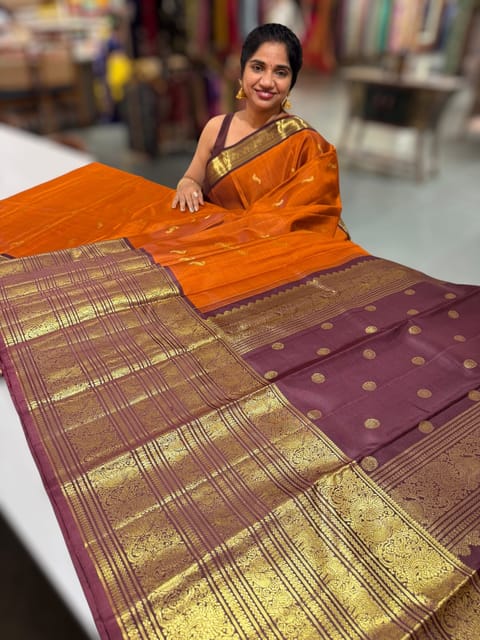 Rust Orange and Wine Brown Vintage Kanjeevaram Heavy Skirt Border Saree