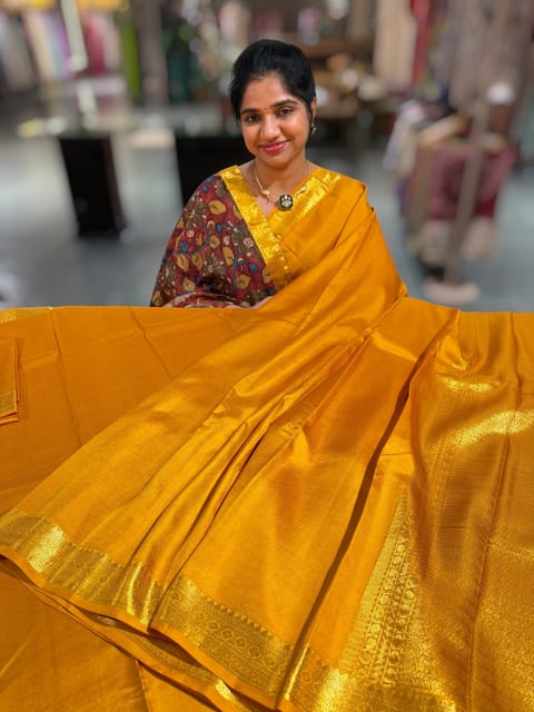 Mustard Vintage Kanjeevaram Silk Saree with Pen Kalamkari Blouse