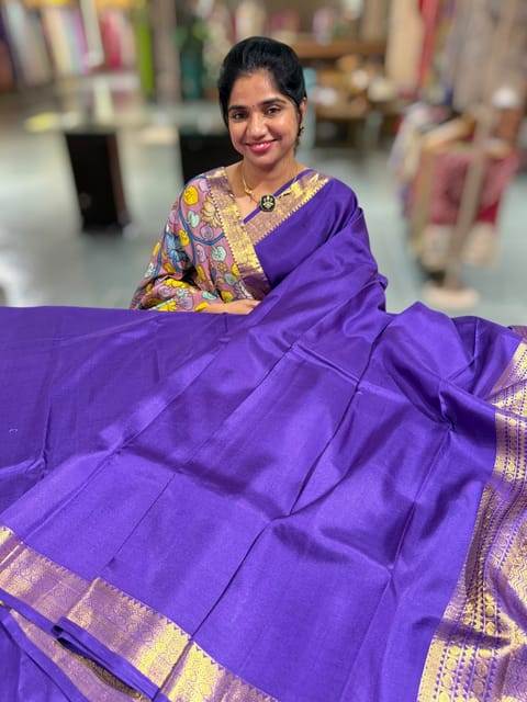 Brinjal Vintage Kanjeevaram Saree with Kalamkari Blouse