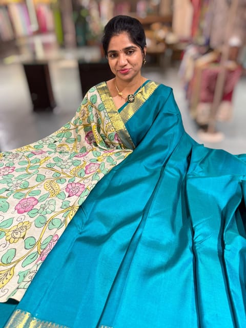 Peacock Green Vintage Kanjeevaram Silk Saree with Pen Kalamkari Blouse