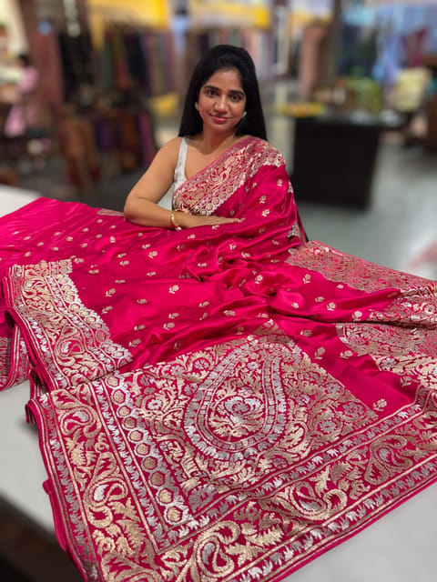 Dark Pink Pure Mashru Satin Saree with Embroidery