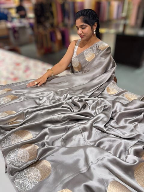 Greyish Silver Pure Satin Saree with Embroidered Border and Blouse
