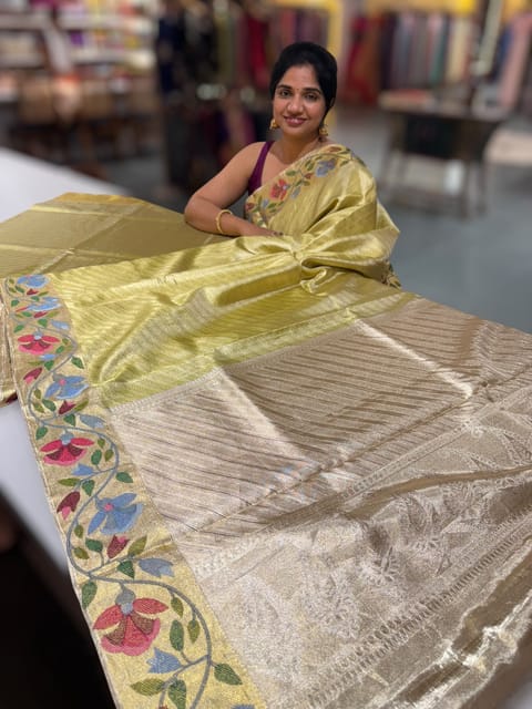 Apple Green Kanchi Tissue Brocade Saree with Jamdani Inspired Embroidery
