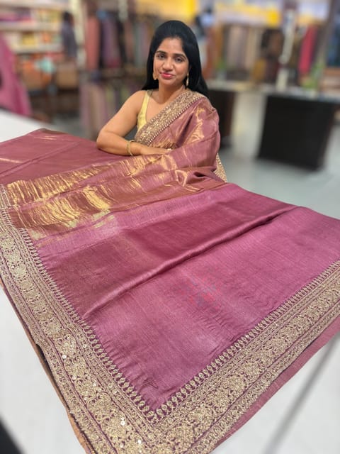 Wine Kora Muslin Tissue Saree