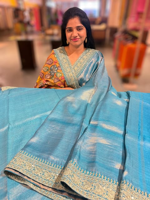 Copper Sulphate Kora Muslin Tissue Saree