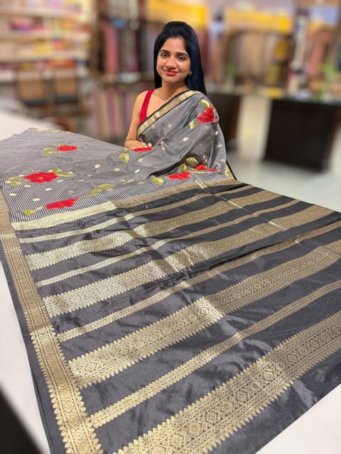Banarasi Silk Saree with Stripes and Embroidery