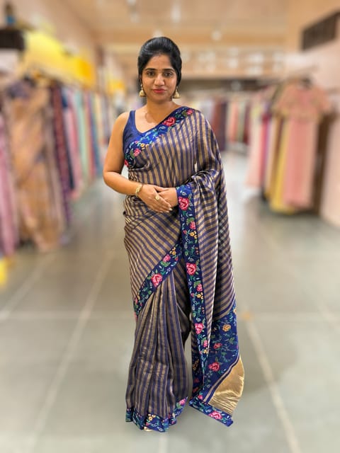 Blue Banarasi Tissue Stripes Saree with Petite Point Embroidery