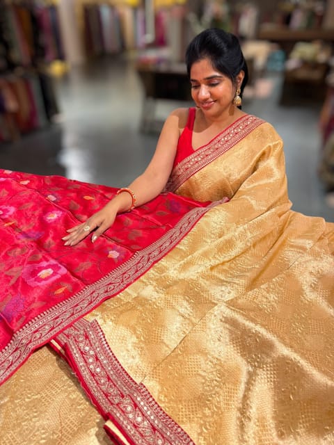 Peach and Reddish Pink Banarasi Tissue Brocade Saree