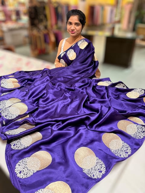 Brinjal Satin Saree with Embroidered Silver Border