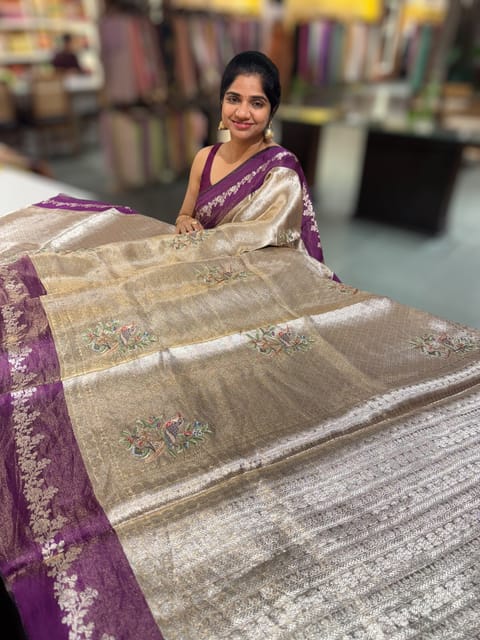 Purple Banarasi Brocade Tissue Saree with Embroidery