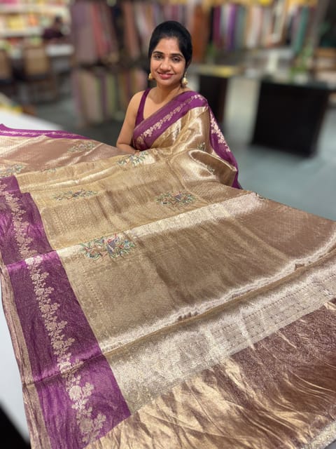 Purple Banarasi Brocade Tissue Saree with Embroidered Motifs