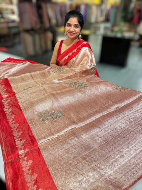 Red Banarasi Brocade Tissue Saree with Embroidered Motifs
