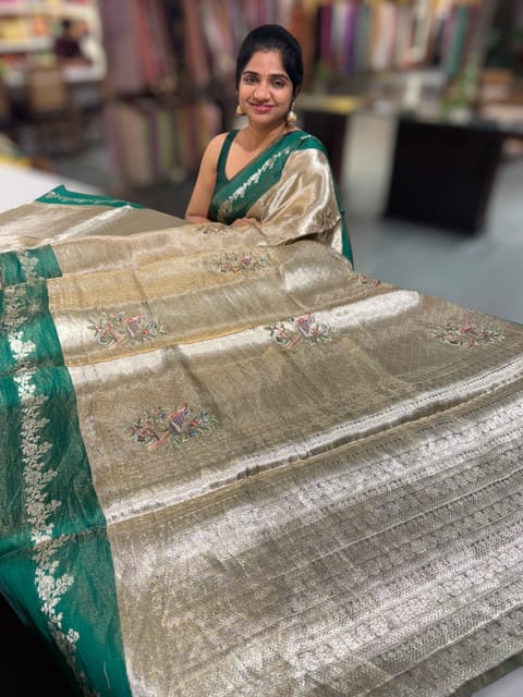 Emerald Green Banarasi Brocade Tissue Saree with Embroidery