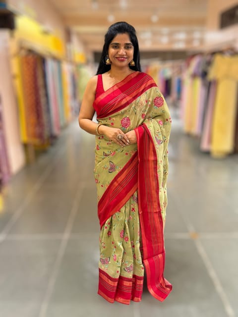 Light Olive Tissue Georgette Saree with Vidarbha Borders