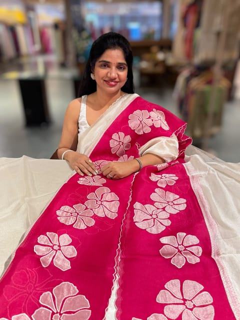 Silver Banarasi Tissue Saree with Pink Organza Applique Work Border
