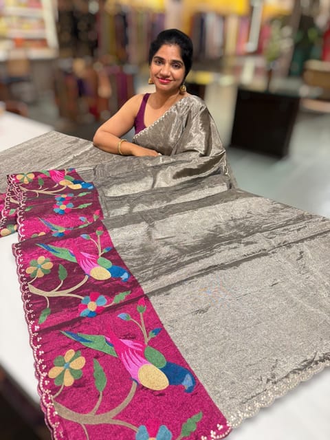 Greyish Silver Chanderi Tissue Saree with Paithani Inspired Parrot Embroidered Border