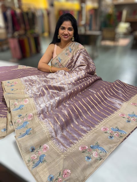 Mauve Pure Handloom Tissue Saree with Pure Tussar Embroidered Border