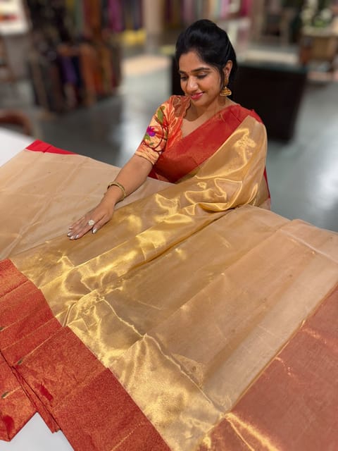 Pure Handloom Gold Tissue Saree with Red Tissue Single Muniya Border