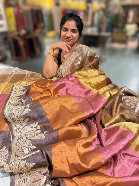 Multi-Colour Chanderi Tissue Saree with Peacock Embroidered Border