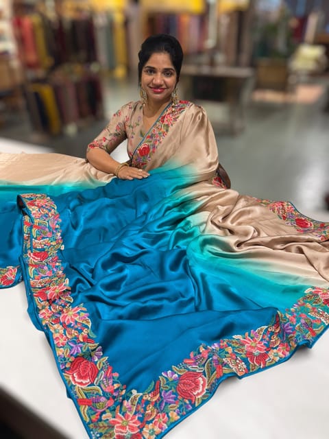 Chikoo–copper Blue Ombre Satin Saree with Petite Point Border