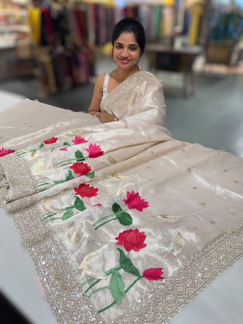 Silver Tissue Saree with Heavy Handwork and Embroidery