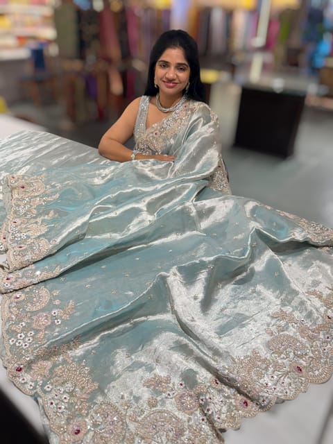 Pastel Blue Tissue Saree with Heavy Handwork