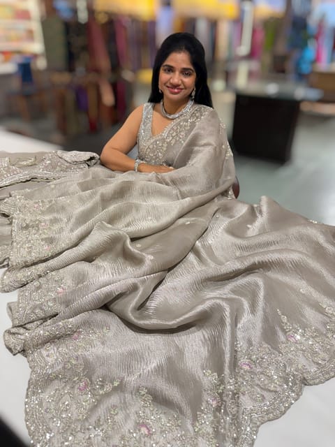 Silver Crush Tissue Saree with Handwork